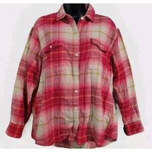 Old Navy Boyfriend Flannel Shirt Size M Pink Plaid Long Sleeve Colorful Pockets